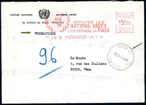Lettre pneumatique des Nations-Unies à Paris avec empreinte de machine à affranchir 1960