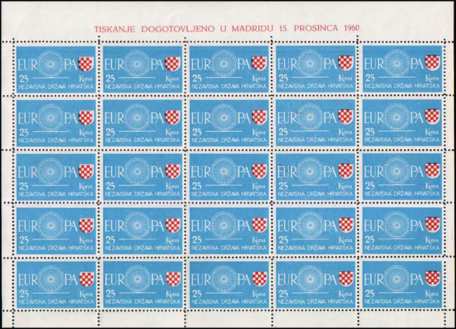 Feuillet des vignettes des exilés croates imitant les timbres Europa en 1960