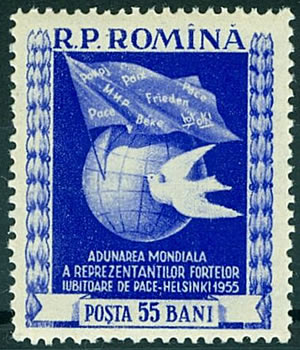 Timbre de Roumanie sur l'assemblée mondiale de la Paix à Helsinki en 1955
