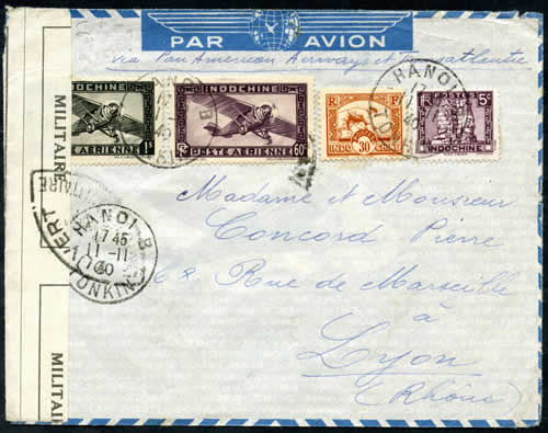 Lettre de Hanoi pour Lyon affranchie à 1$95