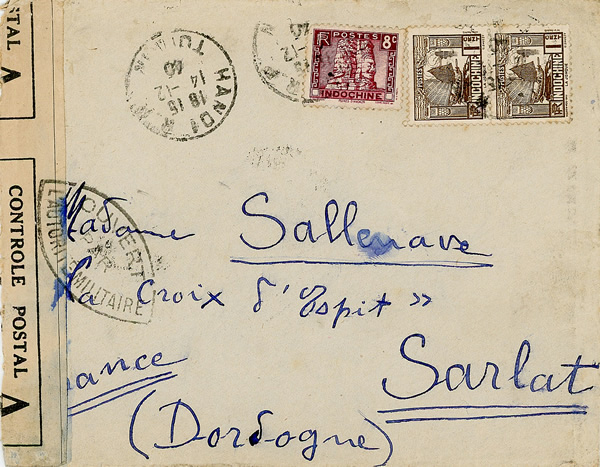 Lettre de Hanoi pour Sarlat par voie de surface départ 24/12/40, arrivée 15/3/41