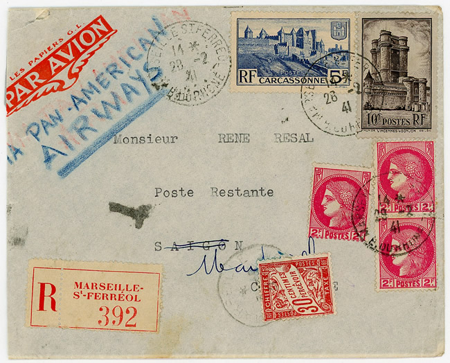 Lettre recommandée par avion enposte rstante  de marseille à saigon et retour 1941
