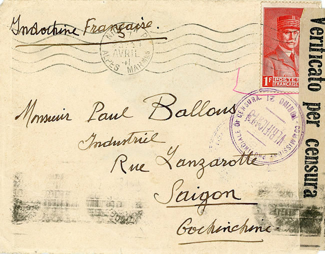 Lettre de Nice pour Saigon par voie maritime censurée au départ par la censure italienne
