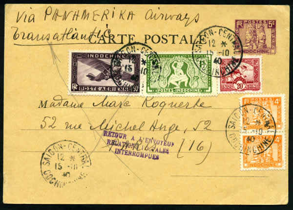 Entier carte postale affranchi en timbres mobiles et refoulé à Marseille