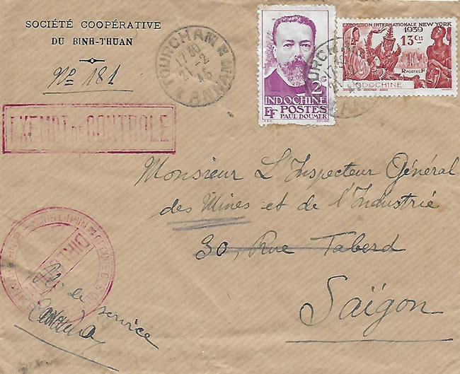 Griffe de censure "EXEMPT DU CONTROLE" 22/2/45 
