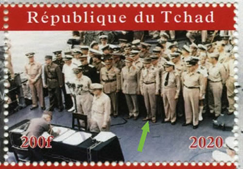 Timbre du Tchad montrant le général Leclerc participant à la cérémonie de reddition du Japon