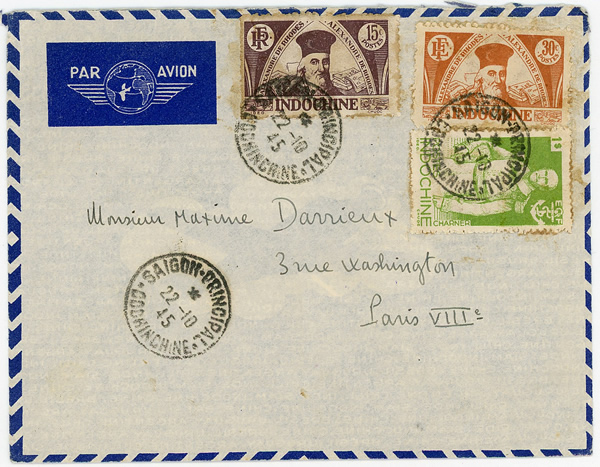 Lettre par avion militaire de Saïgon à Paris 2ème échelon-octobre 1945