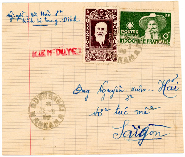 Lettre de QuangNgai pour Saigon avec griffe de censure "KIEM-DUYET" en rouge