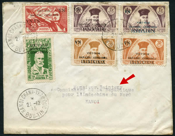 Lettre pour le Commissaire Sainteny avec timbres de la VNDCCH