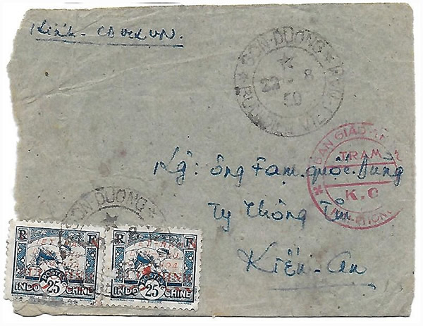 Paire du 25cts rizières surcharge Vietminh sur lettre