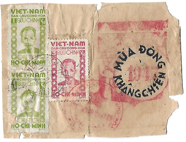 Lettre affranchie à 5 dongs avec 2x1 dong+30 dong