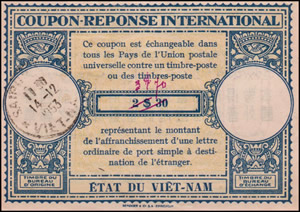 Coupon-réponse international  Etat du Vietnam 2$30 surcharge manuelle 3$70