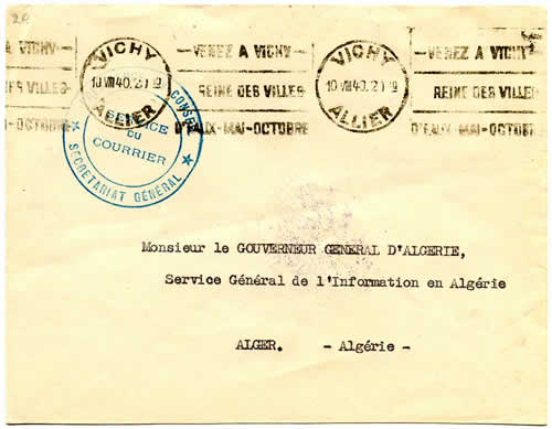 Lettre de Vichy au Gouverneur général