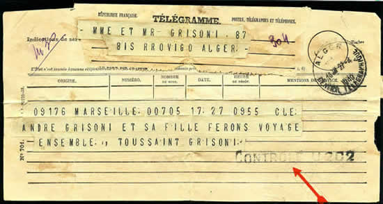 Télégramme censuré avril 1940