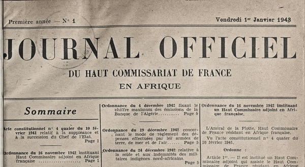Journal Officiel No 1 du haut-Commissariat de France en Afrique 1943