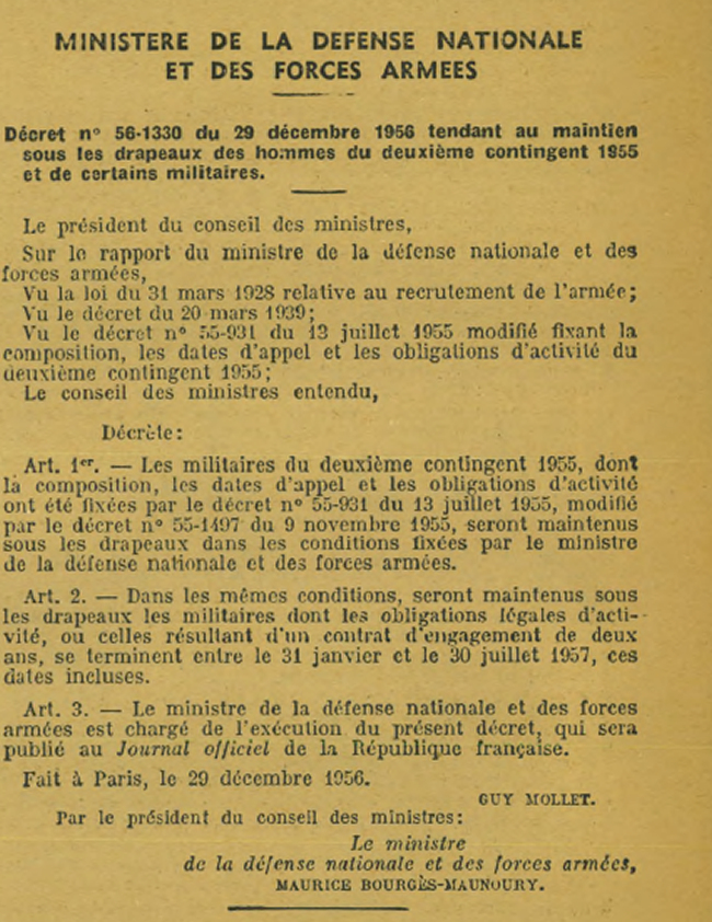Décret maintenant sous les drapeaux les appelés du contingeant 1955