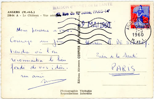 Carte postale adréssée à Alain de Sérigny à la prison de la Santé