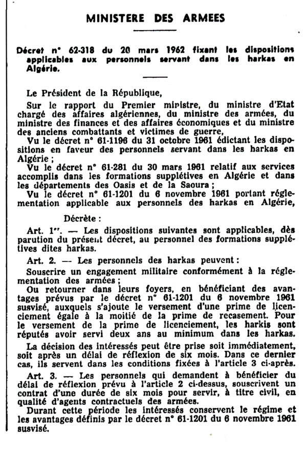 Texte relatif aux harkis du décret  mars 1962