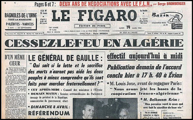 Une du Figaro annonçant le cessae-le-feu en Algérie
